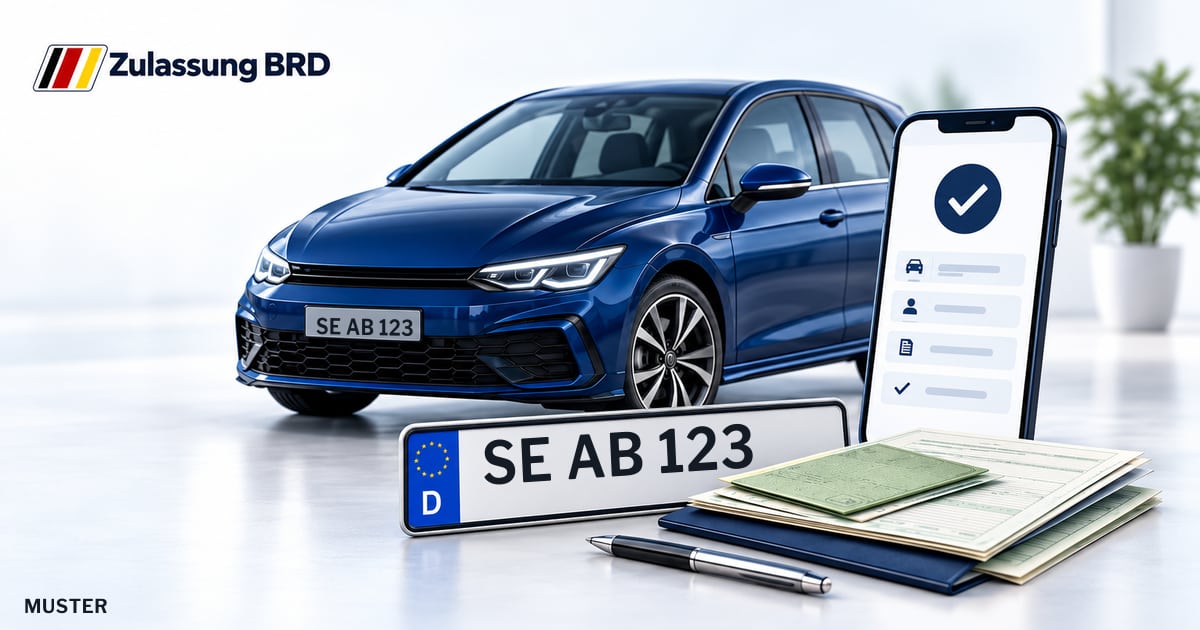 Online Fahrzeugzulassung in Bad Bramstedt: Musterkennzeichen SE AB 123, Auto und Fahrzeugpapiere und Smartphone. Illustration mit Logo von Zulassung BRD.